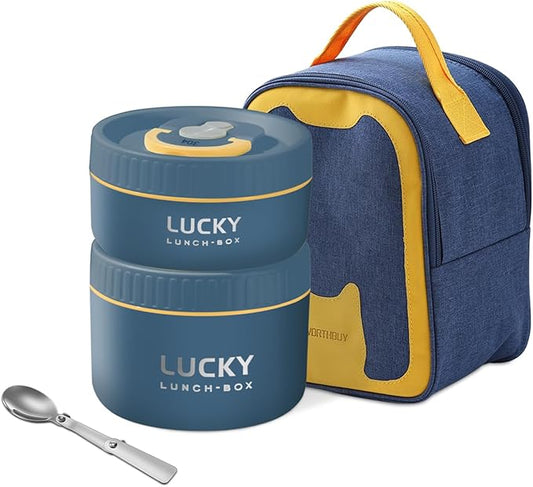 VANDHOME Thermal Bento Lunch Box Set, Portable Insulated Lunch Container For Adults Work, Stainless Steel Keep Warm Food Container With Bag, Induction Cooker & Microwave Safe (Blue 34oz)