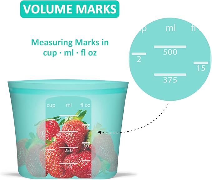 Reusable Snack Bags, 4 Pack, Stand Up 100% Silicone Reusable Storage Bag, Ziplock Silicone Food Storage Containers Snack Size, Freezer Microwave Oven Dishwasher Safe, Aqua+Translucent, 16oz