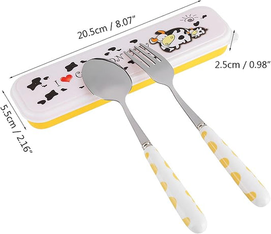 Children Flatware Set, Stainless Steel Fork Spoon with Storage Box Kids Dinner Utensils Spoon Fork Set with Travel Case for Kids Toddlers (Yellow)