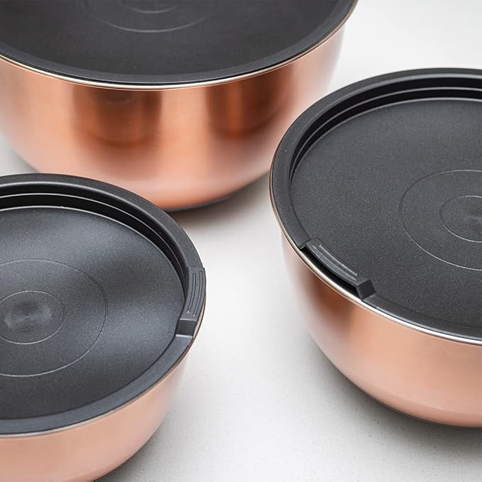 Samma Copper Mixing Bowl Set - Stainless Steel Body with Black Silicone Bottom - 3 Piece Set with Lids