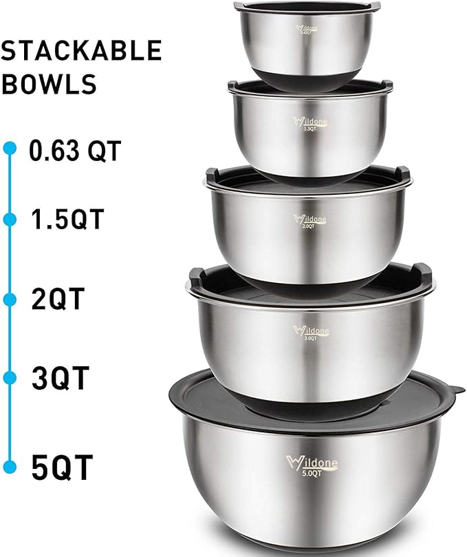 Wildone Mixing Bowls with Lids Set, 5PCS Stainless Steel Nesting Bowls with 3 Grater Attachments, Measurement Marks & Non-Slip Bottoms, Size 5, 3, 2, 1.5, 0.63 QT, Great for Mixing & Serving