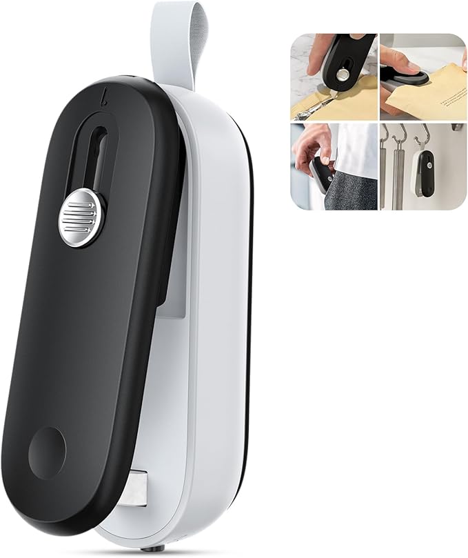 ODSD 2 in 1 Mini Bag Sealer - Heat Seal and Cutter with Lanyard, Portable Handheld Chip Bag Sealer for Snacks, Candies, Food Storage (Batteries Included)