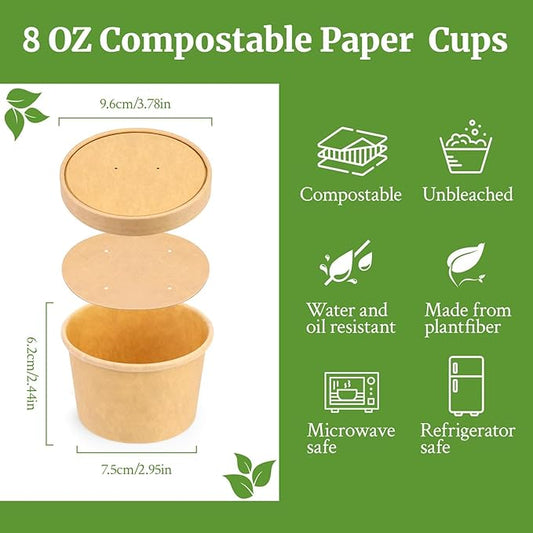 8 Oz Compostable Paper Soup Cups, 50 Pack Kraft Paper Soup Cups, Disposable Paper Soup Containers with Vented Lids, Microwave Safe Party Cups, Eco Friendly Alternative to Plastic Containers