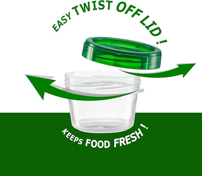 (4 Ounce 20 Pack) Twist cap Containers Clear Bottom With Green Top Screw on Lids Twist Top Food Storage Freezer Containers