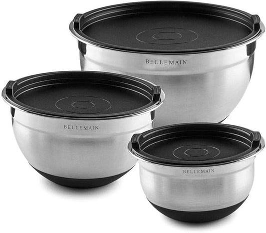 Bellemain Stainless Steel Non-Slip Mixing Bowls with Lids (3 Piece, Silver/Black)