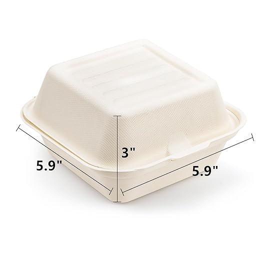Peohud 100 Pack Compostable Clamshell Take Out Food Containers, 6 x 6 Inches Disposable To-Go Food Containers, Bagasse Bento Cake Box for Hamburger Sandwiches Chips