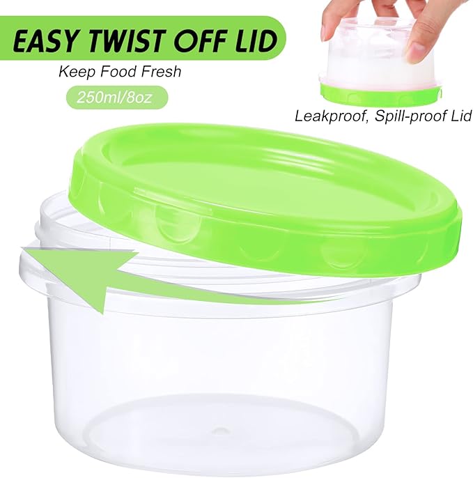 Sieral 36 Pack 8 oz/ 250 ml Freezer Containers with Lids Plastic Twist Top Deli Jars Reusable Freezer Storage Containers for Food Round Wide Mouth Lunch Snacks(Green)
