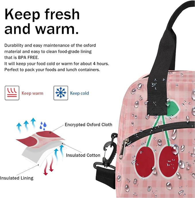 Pink Check Cherry Print Insulated Lunch Bag with Detachable Shoulder Strap & Carry Handle Reusable Eco-friendly Cooler Bag Tote Bag Picnic Box for Kids Men Women