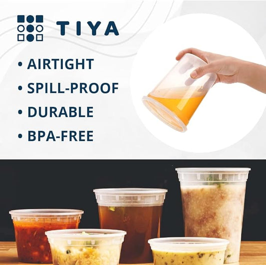 TIYA Takeout Food Containers - 32oz Bulk 240 Pack with Lids - Plastic Food Storage to-Go Containers - Reusable Microwavable Dishwasher Safe Takeout Cups - Airtight Leak Proof for Soups & Meal Prep