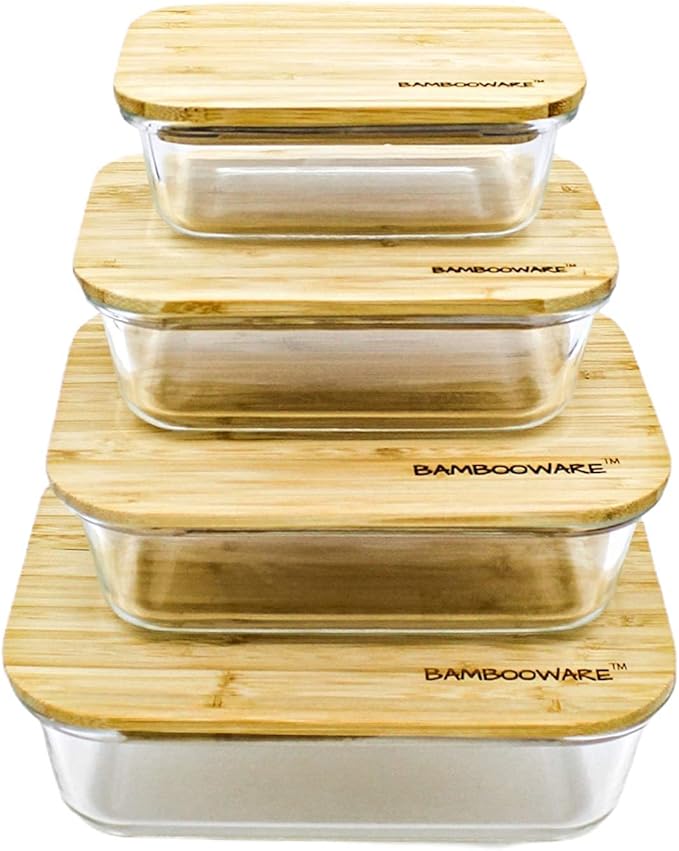 Glass Containers with Lids | Non Plastic Glassware Set - Natural Raw Organic Wooden Bamboo Lids | Set of 4 | Reusable, BPA Free | Perfect for Meal Prep, Lunch, Leftovers, Kitchen