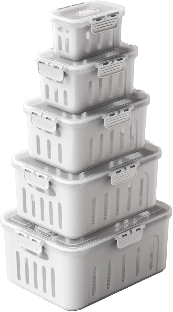 5pcs X-Large a Size Food Storage Container Set - Microwave & Dishwasher Safe, Airtight, Fruit and Vegetable box, BPA-Free, Double Drain Basket, Kitchen Fridge Stackable Storage for Freshness