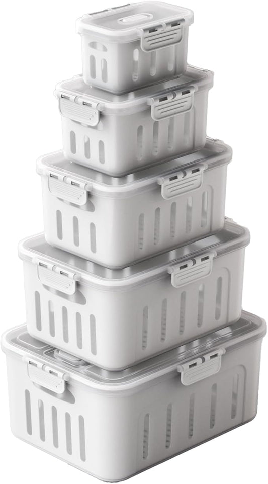 5pcs X-Large a Size Food Storage Container Set - Microwave & Dishwasher Safe, Airtight, Fruit and Vegetable box, BPA-Free, Double Drain Basket, Kitchen Fridge Stackable Storage for Freshness
