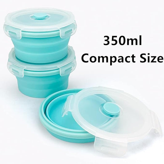 CCyanzi 3piece Round Collapsible Bowl with Lids, Silicone Food Storage Containers, Microwave & Freezer Safe, Space Saving for Kitchen Cabinet and Camping Backpack,(Blue)