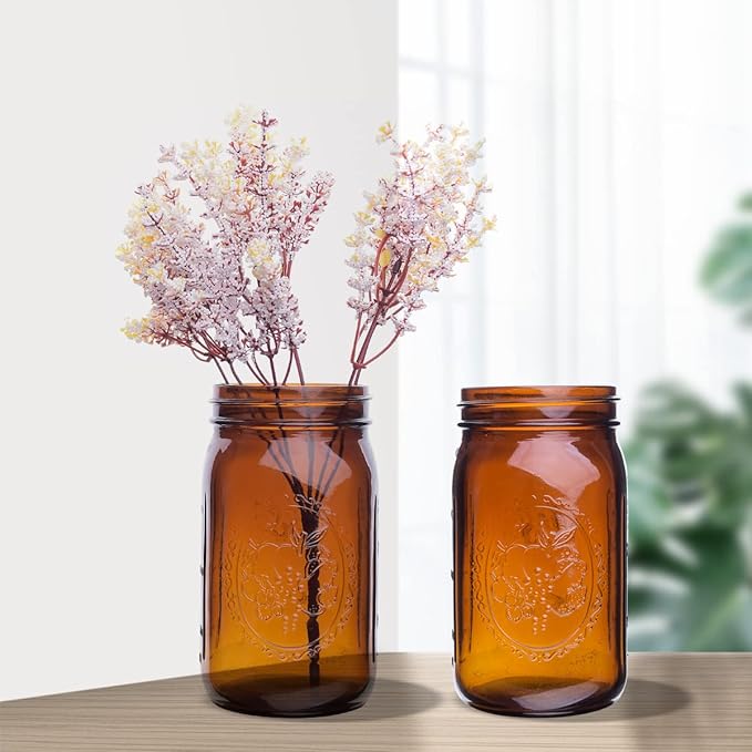 eleganttime Amber Glass Mason Jars 32 oz Wide Mouth 6 Pack,Amber Quart Canning Jars with Airtight Lids and Bands for for Canning, Freezing, Fermenting,Preserving, Beverages & Jar Decor