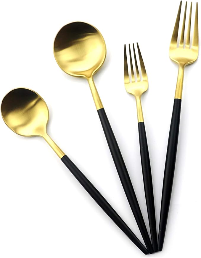 20-Piece Matte Gold & Black Handle 18/10 Stainless Steel Flatware Set, Titanium Cutlery for Home & Restaurant, Dishwasher Safe