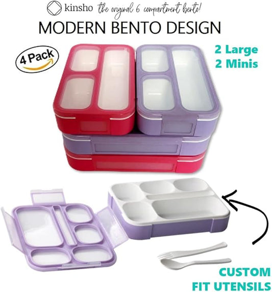 kinsho Bento Box Lunch Boxes and Snack Containers, Value Pack for Kids Girls Boys | Leakproof Portion Boxes for School Pre-School Toddler Daycare Travel, BPA Free | Set of 4, Pink Purple