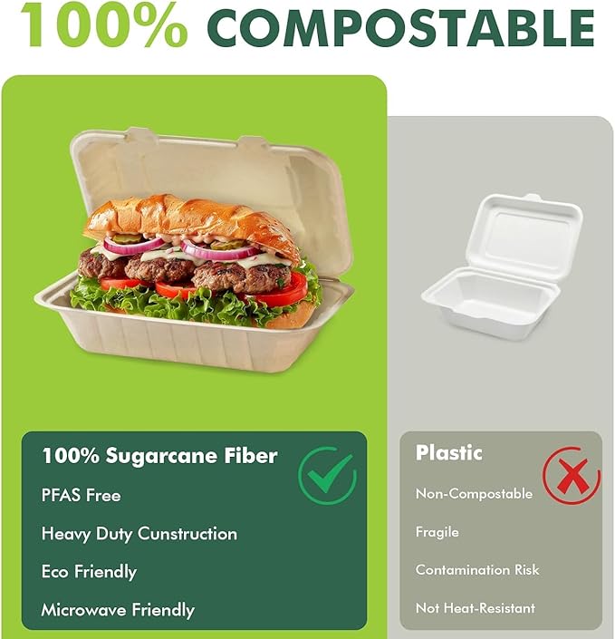 [8X8", 50-Pack] 100% Compostable Clamshell Food Containers for Takeout - Heavy-Duty Quality Assurance Crafted from Natural Disposable Bagasse of Sugar Cane Fibers, Truly Eco-Friendly& Biodegradable.