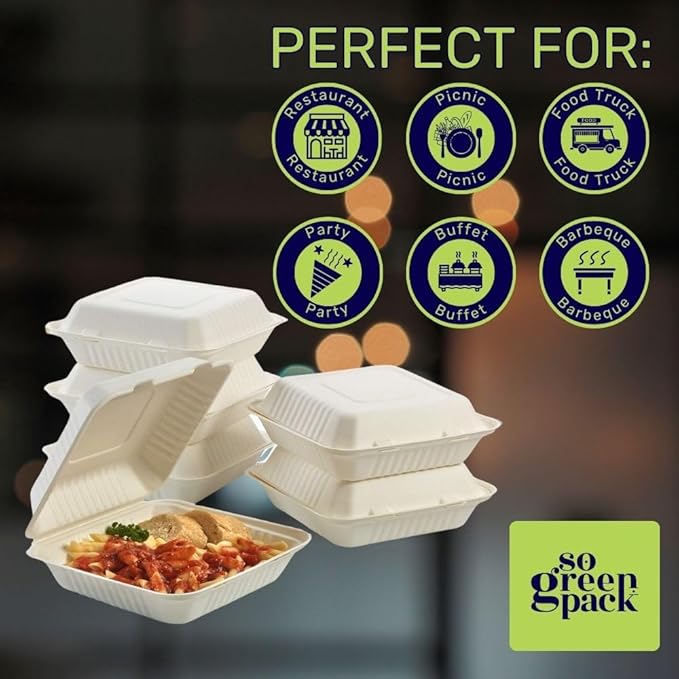 50 Packs Disposable 8x8 Clamshell Take-Out Container Compostable Biodegradable Bagasse & Eco-friendly To Go Container for Food