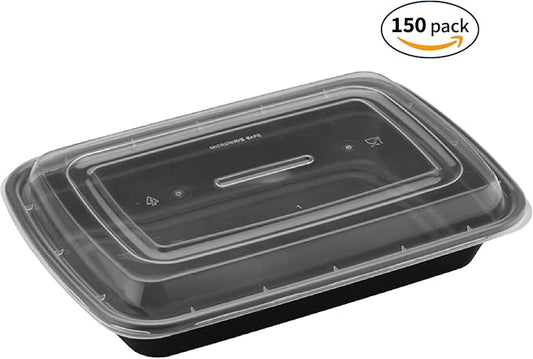 TIYA Takeout Food Containers - 32 oz Bulk 150 Pack with Lids - Rectangular Plastic To-Go Containers - Reusable, Microwavable, Dishwasher Safe - Leak-Proof for Meal Prep & Restaurants - BPA-Free