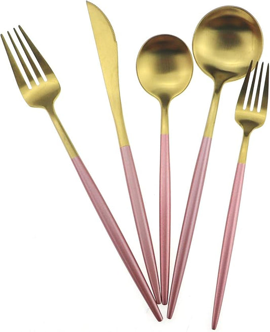 Gugrida Pink Gold Flatware, Royal 5 Piece Matte Pink Handle 18/10 Stainless Steel Tableware Sets for 1 Including Forks Spoons Knives, Camping Silverware Travel Utensils Set Cutlery (Pink Gold)