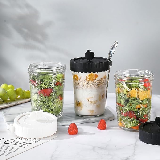 4 Pack Glass Yogurt Parfait Jars with Lids and Spoons, 100% Leak Proof Mason Jars, 20 oz Meal Prep Containers Reusable, Glass Jars for Overnight OatsYogurtSoupSnackParfait - White