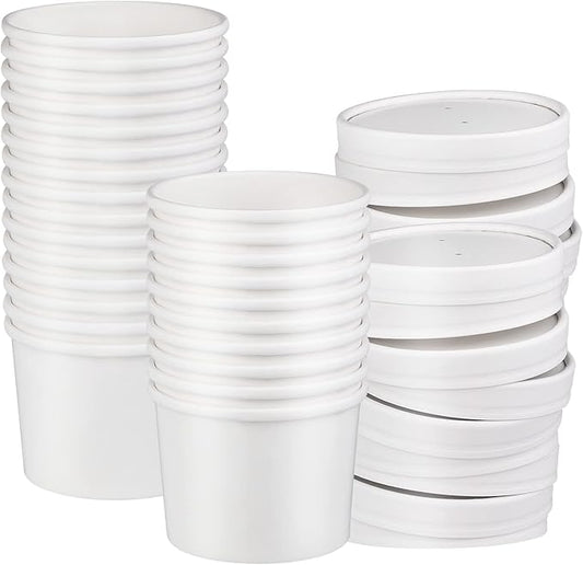 12 oz 25 Pack Paper Soup Bowls with Lids, Disposable Soup Cups, Ice Cream Containers, White Disposable Food Containers White for Hot or Cold Soup