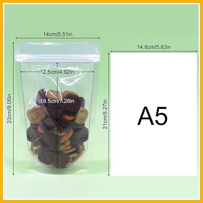SumDirect 100pcs 5.5x9 Inches Clear Stand Up Food Bags, Zipper Stand-up Reusable Sealing Food Pouches Snack Packing Bag with Tear Notch Heat Resealable for Storing, Cookie, Snack Tea and Drinking