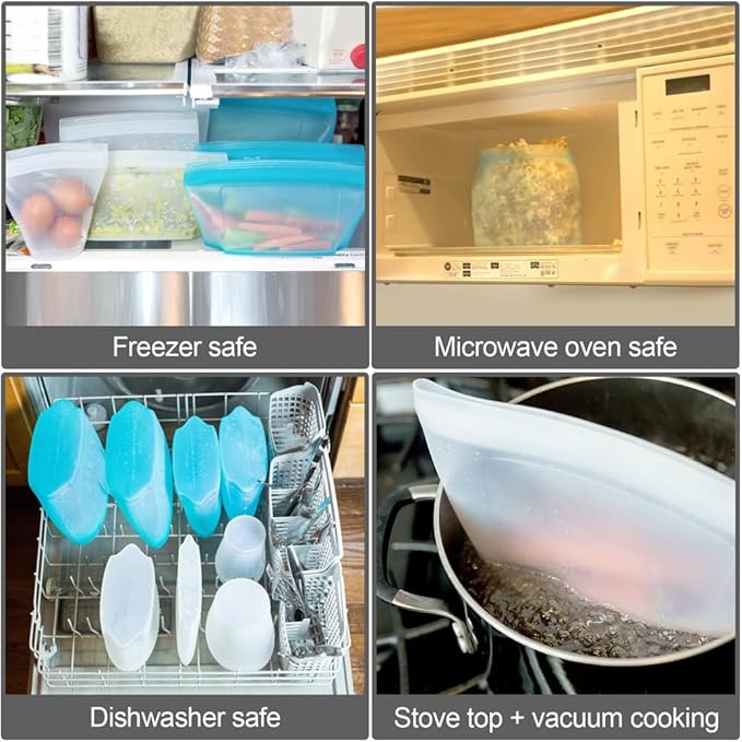 Reusable food container, silicone bag, 6 Pcs Zip Containers Can be used for fruit and vegetable snacks, etc. Microwave Dishwasher and Freezer Usable (blue)…