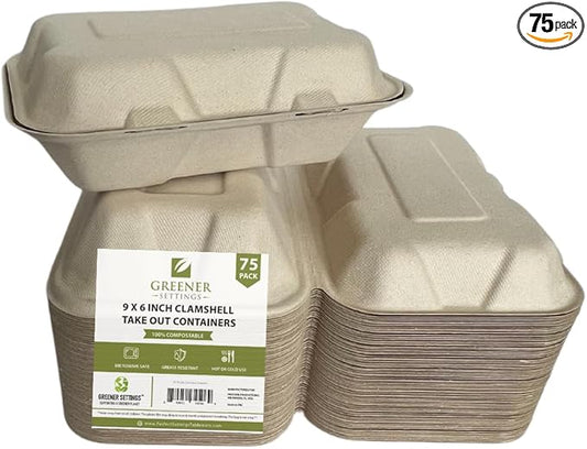 Compostable Clamshell Food Containers 9x6 Inch, 75-Pack, Heavy-Duty Bagasse Takeout Boxes, Microwave & Freezer Safe, Grease-Resistant, Leak-Proof – Compatible with Food Trucks, Catering, Events