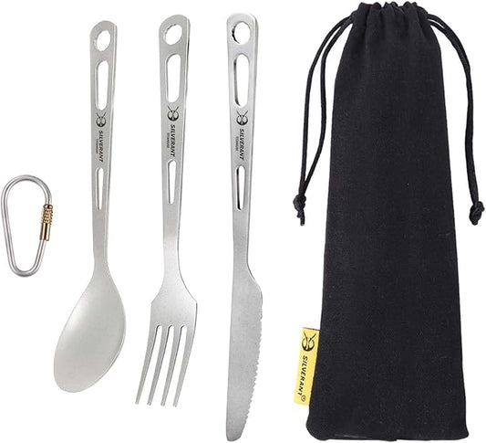 Titanium 3 Piece Cutlery Set, Extra Strong Ultra-Lightweight Durable Knife Fork & Spoon Tableware for Outdoor Camping & Hiking, Comes with Drawstring Bag & Titanium Carabiner