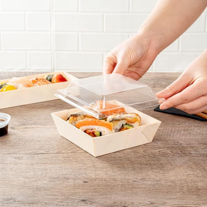 Restaurantware LIDS ONLY: Taipei 5.3 x 5.3 x 1 Inch Square Transparent Lids 100 Plastic Lids For 14 Ounce Square Flare Wooden Containers - Containers Sold Separately Clear Plastic To Go Box Lids