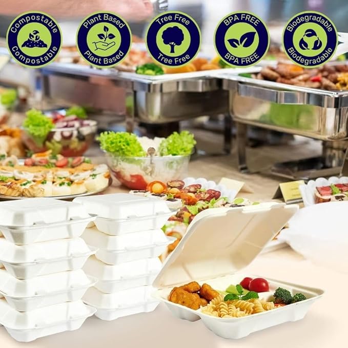 50 Packs Disposable 8x8 Clamshell with 3 Compartments Take-Out Container Compostable Biodegradable Bagasse & Eco-friendly To Go Container for Food