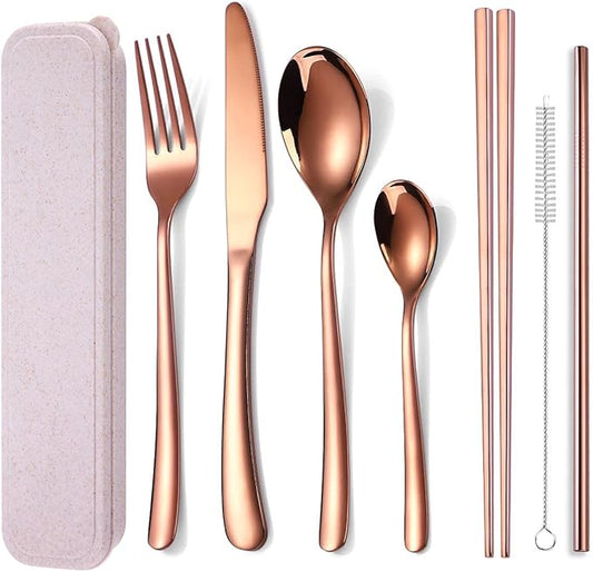 AARAINBOW 7 Pieces Stainless Steel Flatware Set Portable Reusable Cutlery Set Travel Utensils Set Including Chopsticks Knife Fork Spoon Straws Cleaning Brush Dishwasher Safe (7 Rose Golden)