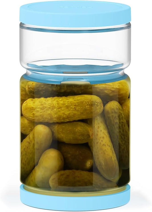 Glass Pickle Jar with Strainer Flip for Pickle Lover - 45 OZ Leakproof Airtight Juice Separator for Olive, Gherkin or Chilli, BPA Free, Dishwasher and Refrigerator Safe (Blue, 45 oz*1 pack)