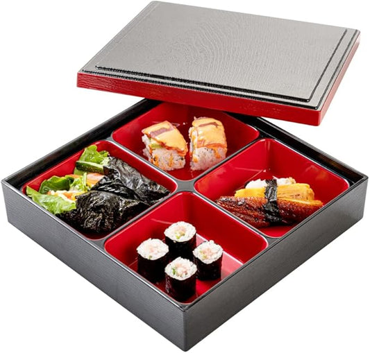 Restaurantware-10 x 2.4 Inch Compartment Lunch Container, 1 Japanese Style Adult Lunch Container - With 4 Compartments, Greaseproof, Black & Red Plastic Divided Lunch Box, For Hot & Cold Food
