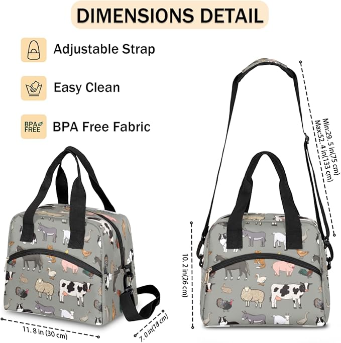 Insulated Lunch Bag for Women Men Farm Animals Leakproof Cooler Tote Bag Large Reusable Adult Lunch Box with Adjustable Shoulder Strap for Office Work Picnic Travel Beach