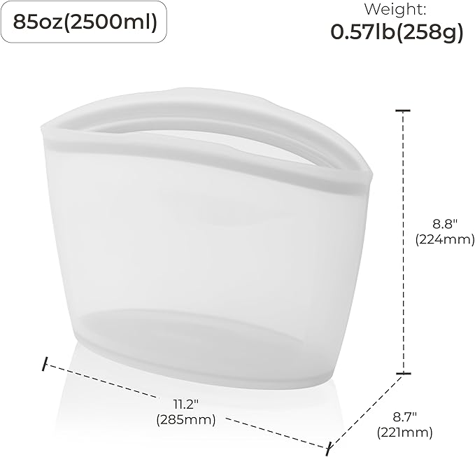 Platinum Silicone Food Grade Reusable Storage Bag, 10.6Cup Leak-Proof Airtight Seal, BPA-Free, Microwave, Freezer & Dishwasher Safe, Heat Resistant Sous Vide,Silicone Snack Bags, White