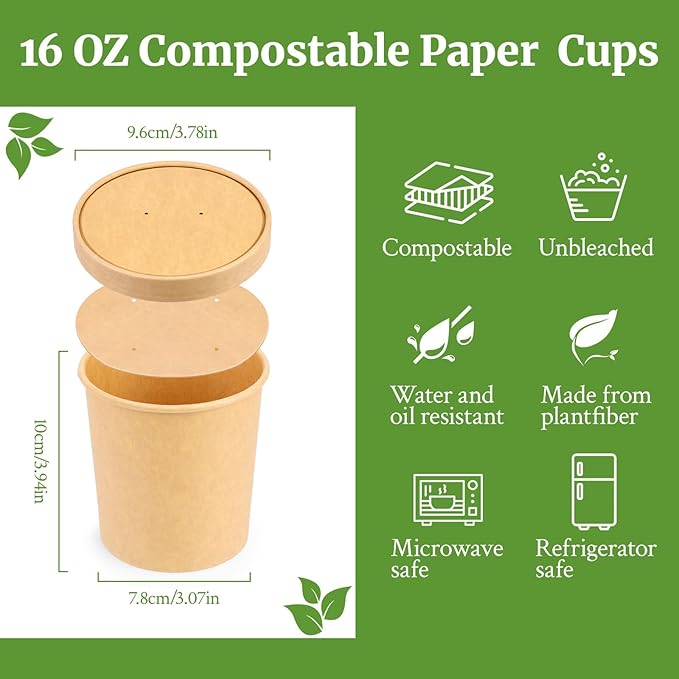 16 Oz 50 Pack Paper Soup Cups with Lids, Compostable Soup Containers, Disposable Paper Containers with Lids for Microwave, Refrigerator, On-the-Go, Desserts, Ice Cream with PLA Lined
