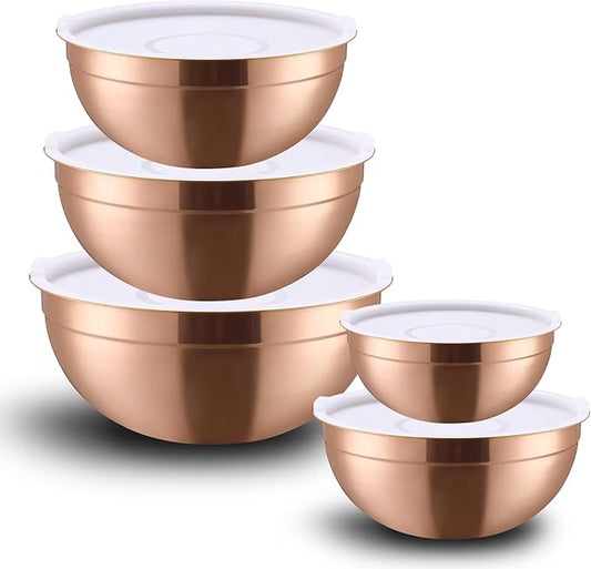 Rose Gold Mixing Bowls with Lids Set of 5, Stainless Steel Nesting Bowl with Khaki Lid for Non-slip Mixing Prepping Storing Serving, 5 Sizes-5.5/3.6/2.7/2.1/1.5 QT