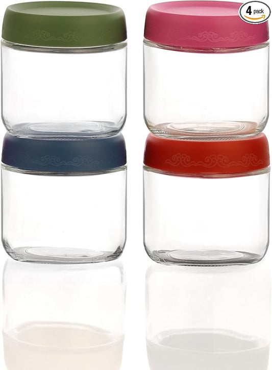 10 OZ Glass Food Jar Storage Containers with Airtight Lids, Reusable Wide Mouth Overnight Oats Glass Mason Jars for Snacks Yogurt Pudding(Multicolor 4pack-1)