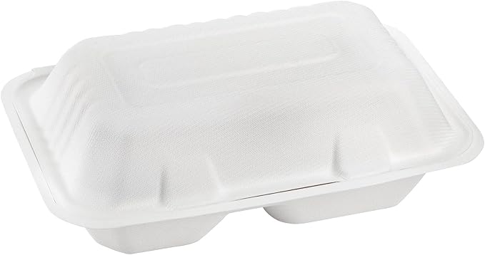 Elsjoy 90 Pack 9"x 6" Clamshell Take Out Containers, 2 Compartment Compostable Hinged Food Containers Disposable To Go Boxes, Sugar Cane Takeaway Boxes for Restaurant, Party, Microwave Safe
