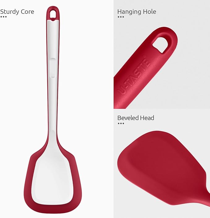 U-Taste 600ºF Heat Resistant 13.6in Long Solid Silicone Turner Spatula, and 18/8 Stainless Steel Square Measuring Spoons Set of 8 (Red+Silver)