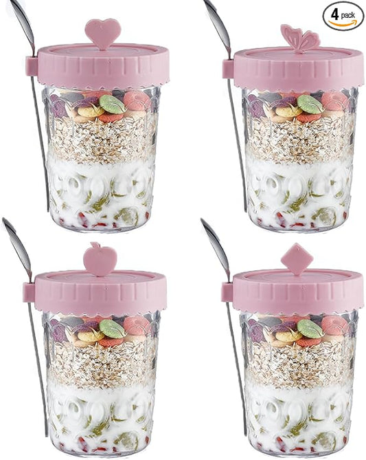 20 oz Glass Oats Containers Jars With Lids and Spoons, 4 Pack Glass Mason Overnight Oat Jars, Glass Overnight Oats Containers, for Parfait,Breakfast, Yogurt
