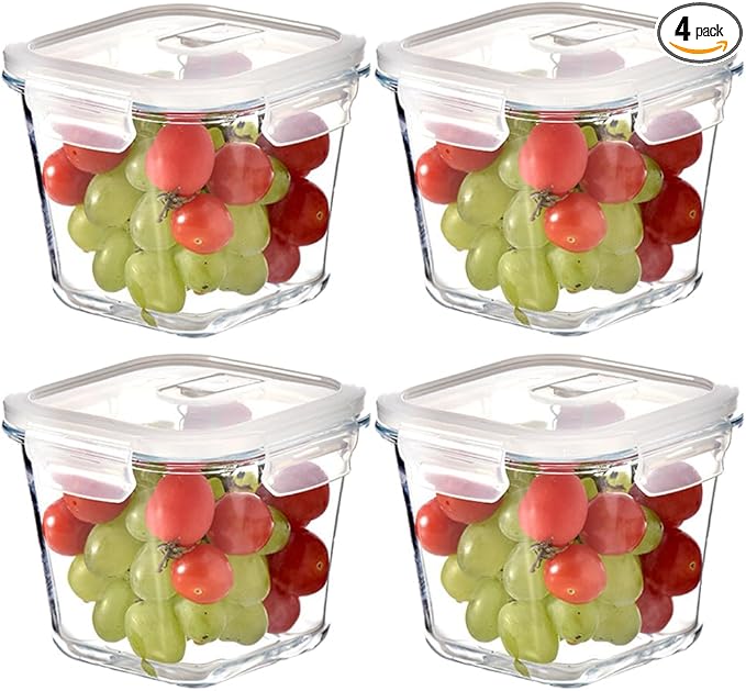 Square Glass Food Storage Containers, 4 Cup Glass Soup Container with Airtight Lids, Food Meal Prep Bowls, Storage Jars for Salad and Fruit, Oven、Microwave、Dishwasher Safe (4 Pack)