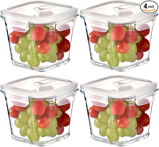 Square Glass Food Storage Containers, 4 Cup Glass Soup Container with Airtight Lids, Food Meal Prep Bowls, Storage Jars for Salad and Fruit, Oven、Microwave、Dishwasher Safe (4 Pack)
