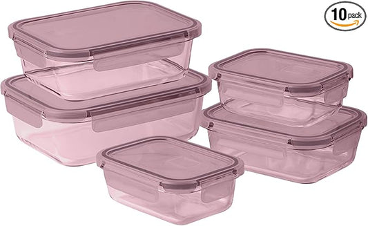COOK WITH COLOR Premium 10-Pc. Colored Glass Food Container Set - 5 Rectangles - Leakproof Lids - Meal Prep, Storage, Pink