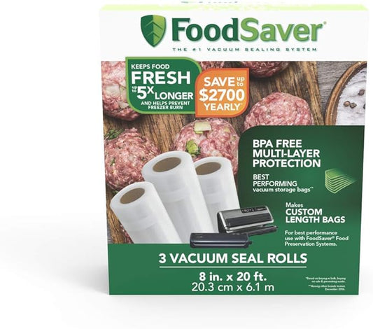 FoodSaver Vacuum Sealer Bags, Rolls for Custom Fit Airtight Food Storage and Sous Vide, 8" x 20' (Pack of 3) & FoodSaver 1-Quart BPA-Free Multilayer Construction Vacuum Zipper Bags, 18 Count