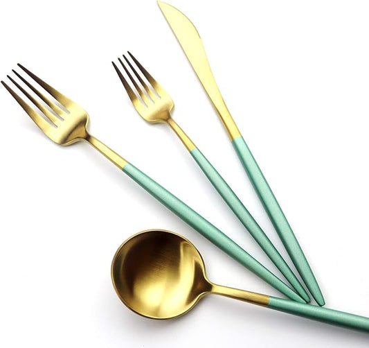 Green Gold Flatware, Royal 20 Pieces Matte White Handle 18/10 Stainless Steel Tableware Sets for 4 Including Forks Spoons Knives, Camping Silverware Travel Utensils Set Cutlery (Green Gold)