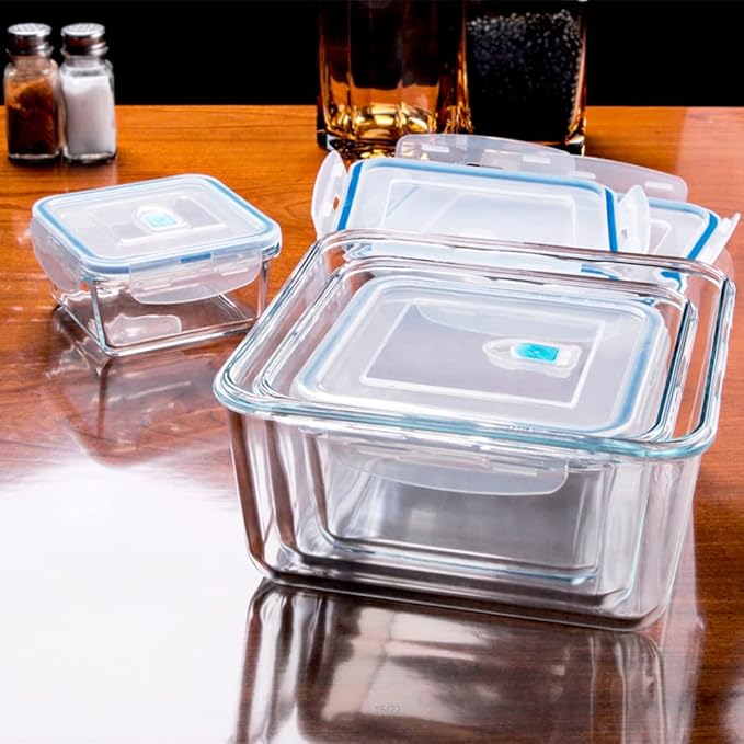 Extra Large Glass Storage Containers with Lids, Set-8-Piece Lunch Containers, Ideal for Storing Food, Vegetables, Fruits, Baking Cake & lot of other Tasty Food (Square)