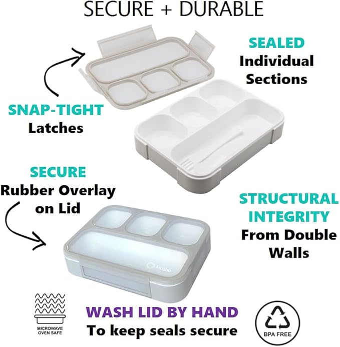 kinsho Bento-Box with Lunch Bag and Ice Pack Set. Containers for Kids Adults Boys Girls Snacks and Lunches. 4 Compartments, Leakproof Portion Container Boxes Insulated Bags for School, Grey